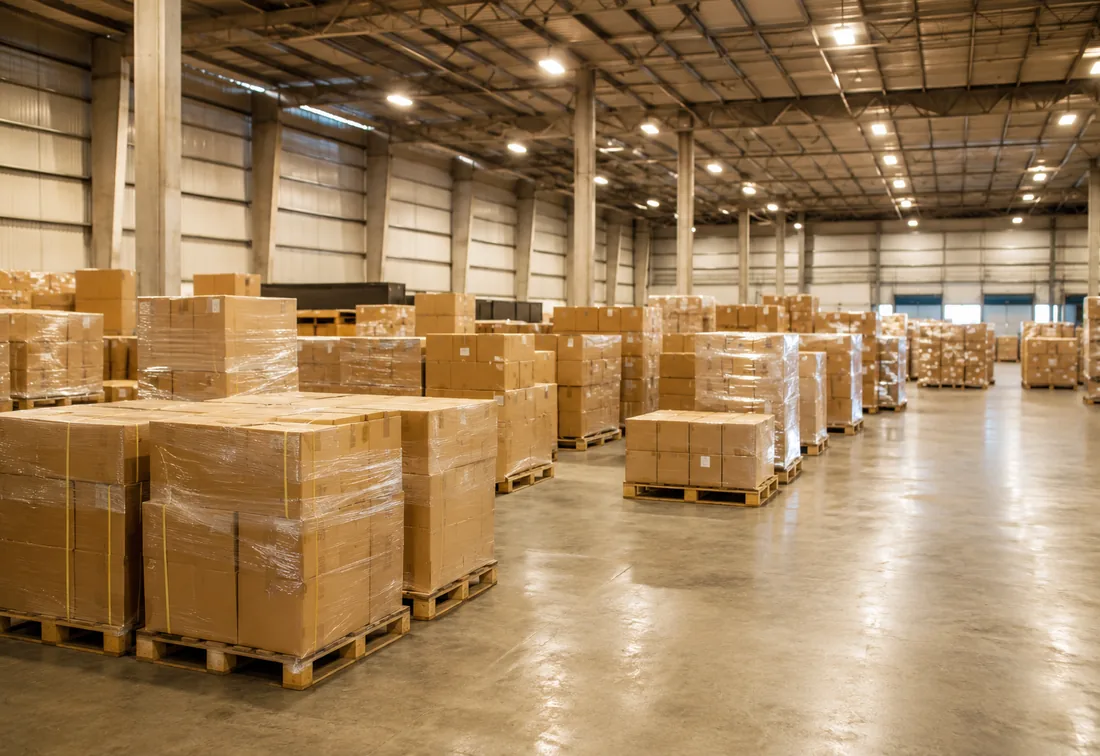 Galpão da TADEX com mercadorias organizadas em paletes